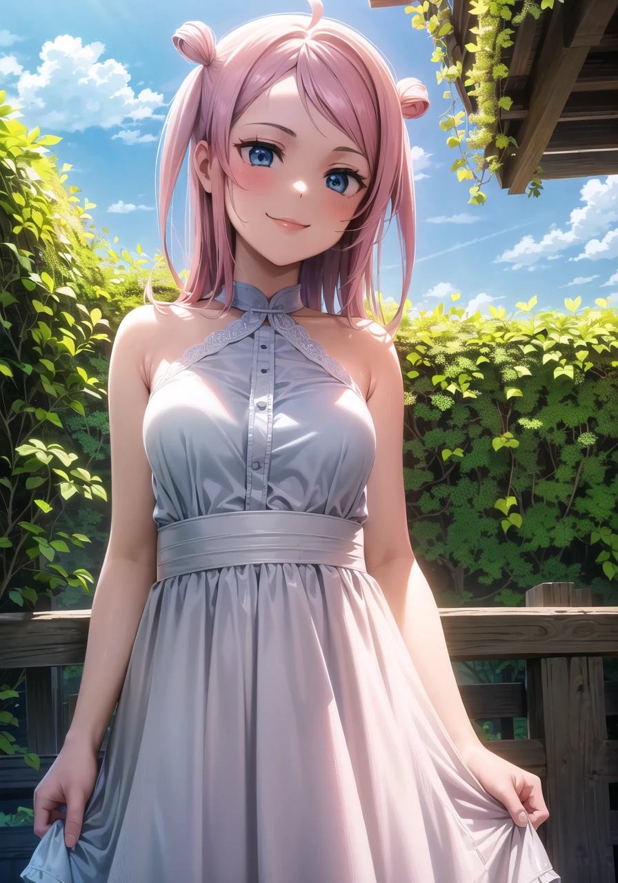 (masterpiece, best quality, ultra-detailed), (illustration), (beautiful detailed eyes), 1girl, solo, lanzhu zhong, long hair, pink hair, ahoge, blue eyes, two side up, sidelocks, <lora:Lanzhu_1.2:0.6>, medium breasts
dress
light smile, cowboy shot, tareme, 
outdoors, day, blue sky, (greenery:1.3), depth of field,  <lora:1651489307798708599 (1):0.6> <lora:add_detail:0.2> <lora:GoodHands-vanilla:1> <lora:tareme:0.6>