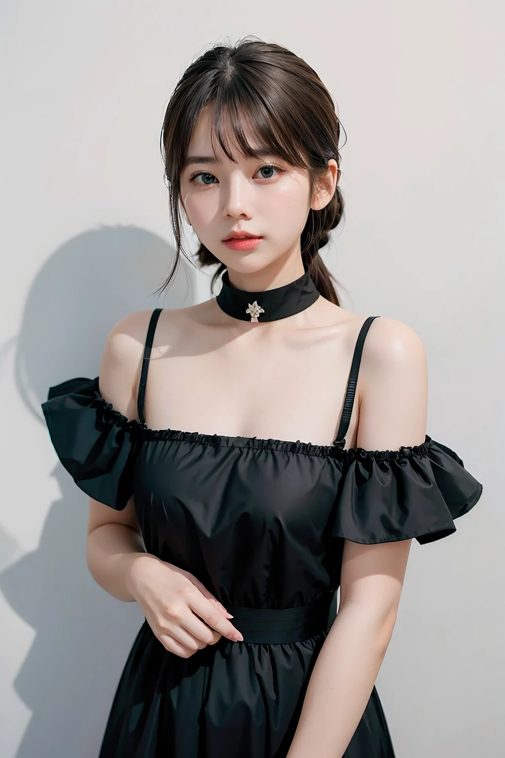 1girl,hair with bangs,black long dress,white background,   <lora:khunpreaw-04:1>