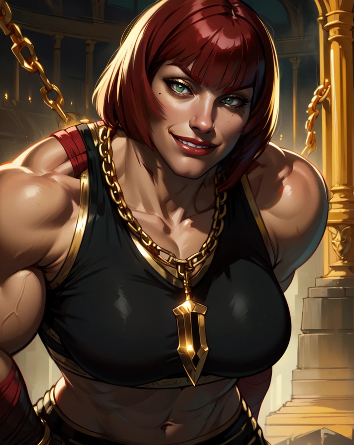 Marisa,blunt bangs,green eyes,evil smile,looking at viewer,muscular,mole under eye,fingerless gloves,black sports bra with gold trim,large chain necklace,
black small skirt with gold trim,leaning forward,
upper body,standing,smile,
arena,outdoors,
(insanely detailed, beautiful detailed face, masterpiece, best quality) cinematic lighting,solo,<lora:marisa-10SF6D:0.8>,
