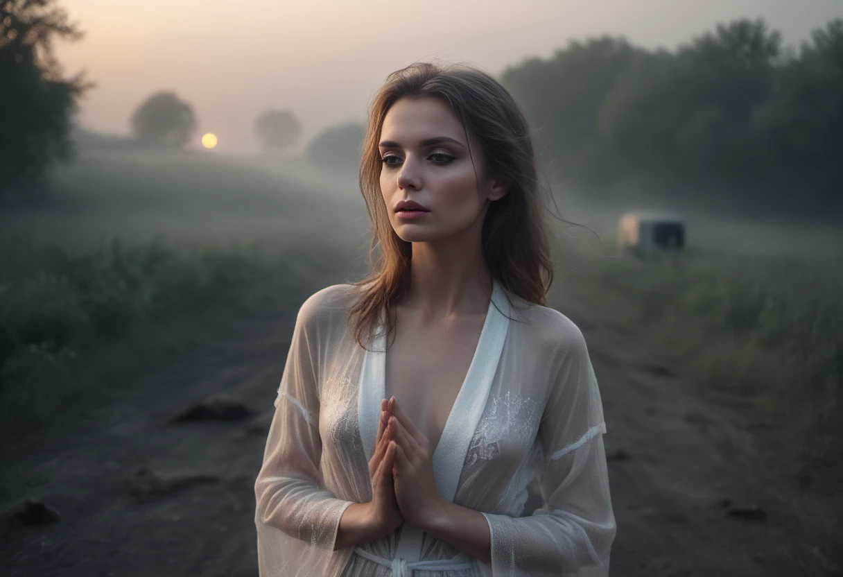 (realistic knees, public female nudity, revealing open clothes, nsfw, big expressive eyes, hands visible, presenting artistic fingers:1.125), (full body shot:1.2) (realistic photo:1.21) of naked  ([inna churikova: alisa freindlich:0.87] woman composed of [white light : [ black smoke : fire : 0.5] : 0.5] :1.085) (looking to side:1.025) with natural body wearing [(white see-through negligee:0.8):white summer robe:0.65], (feminine hands, self touching:1.175), (space ship in background:1.2), (unusual exhausted face sleepy expression:1.125), (flawed feminine anatomy, anatomically correct fingers, realistic natural skin texture:1.25), (consistent intricate futuristic nature with alien arachnid figure in background:0.85), small breasts, open shirt, moody cinematic, modelshoot style, amateur model, erotic art, (shot with vintage Carl Zeiss Sonar lens:0.895), ([shallow depth, cinematic grading, low key light, analog style, dark shot : toxic vapor, milky mist, film grain, spooky, gloomy : 15]:1.125), (yellow-green morning atmosphere:0.9), (analog film grain:0.925) 