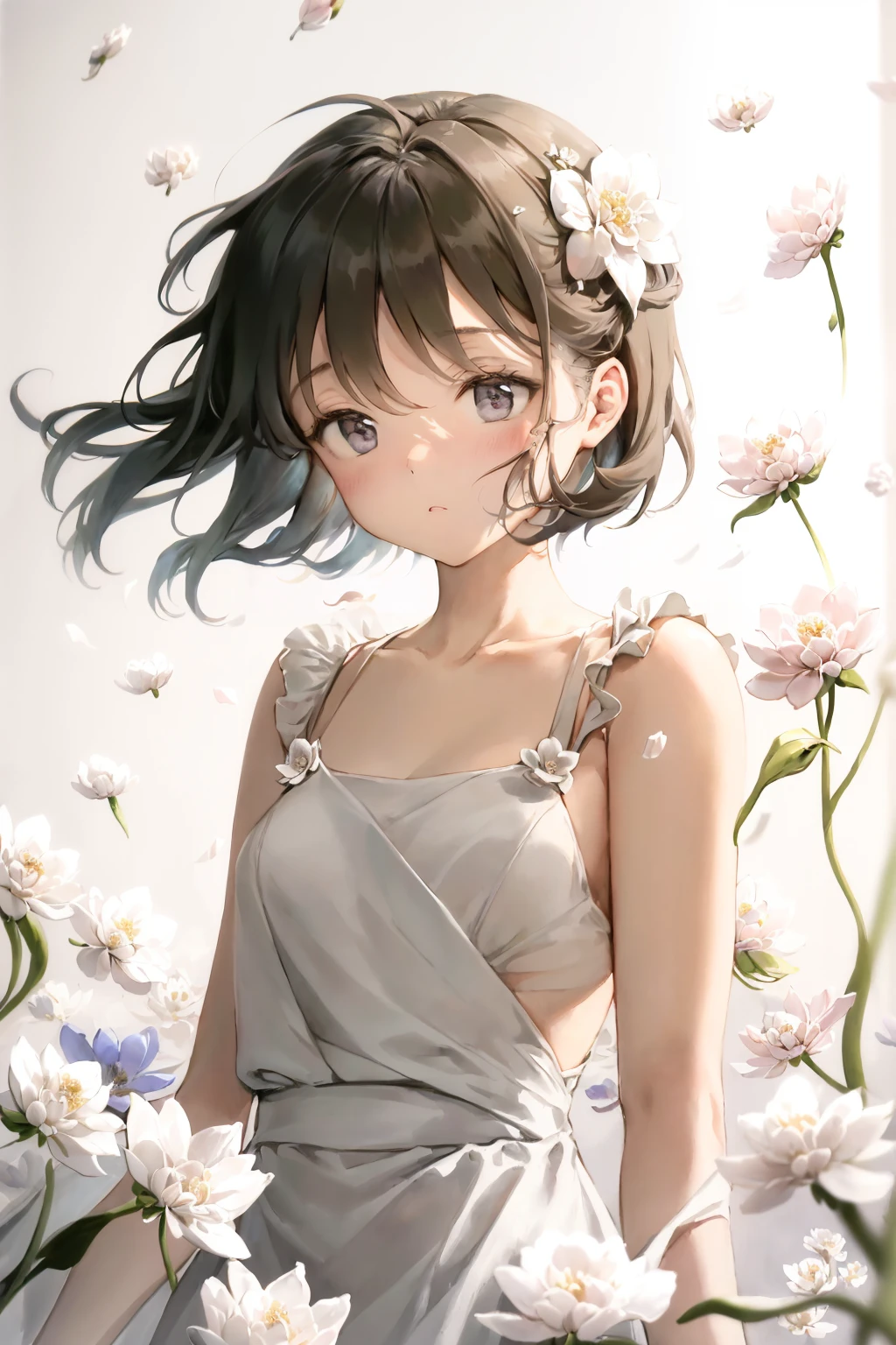absurdres, highres, (extremely detailed fine touch:1.3), (blurry background:1.3), (white background:1.3), (oil:1.3), (watercolor:1.1) , ///, girl, white short hair, white dress, light tone, delicate expression, pale tones, delicate expressions, (blurring:1.3), (upper body:1.3), (glazing:1.3), (falling petals:1.3), wind, blush