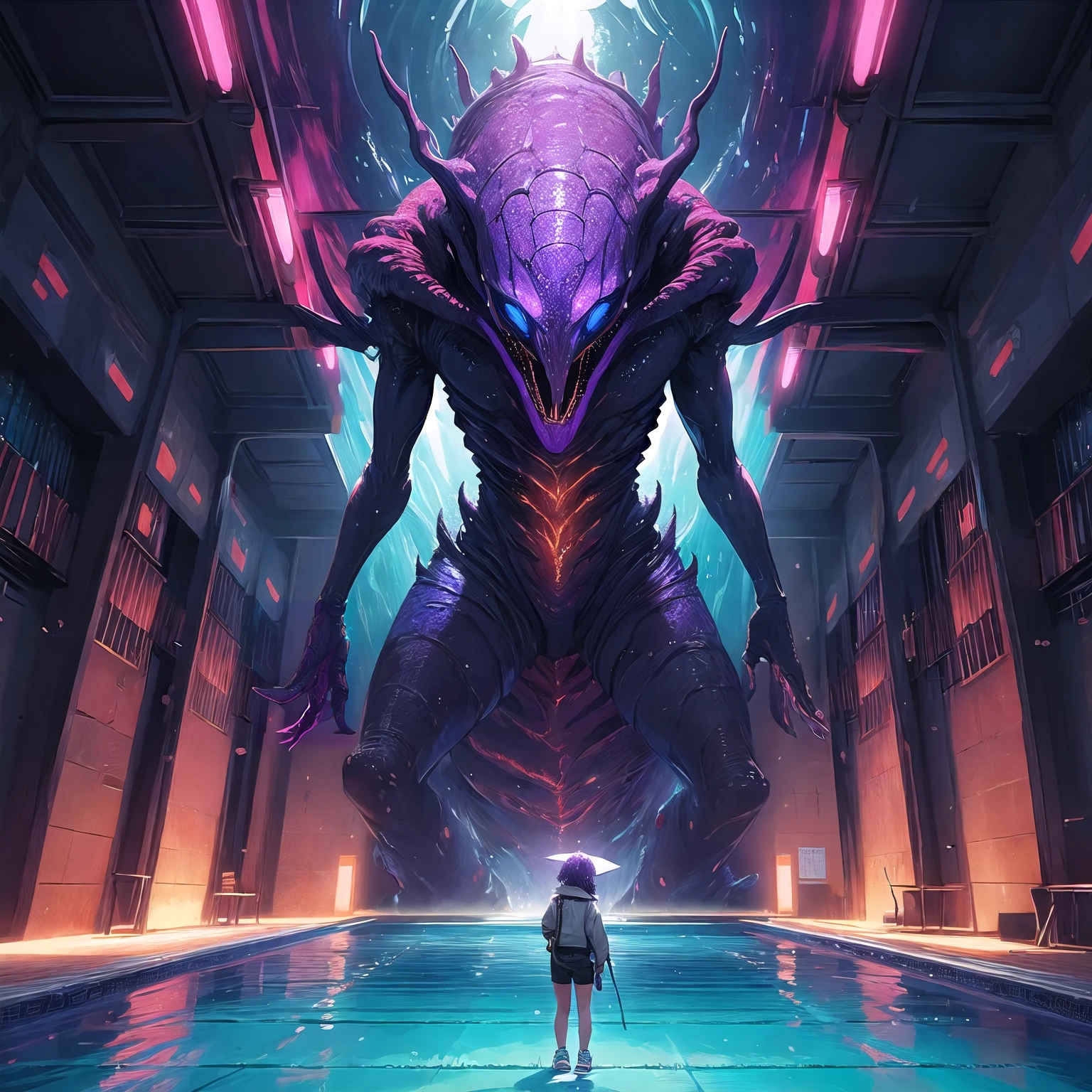 movie illustration artwork by Tadao Ando,
ambient lighting, purple hair, sneakers, intricate, absurdres,
light tracing, trending on cgsociety, uhd,
on the background an alien creature rising from a pool of lava