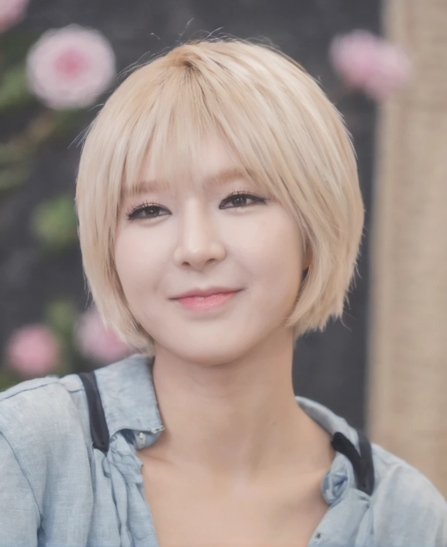 a beautiful picture of ch04x, short hair,blonde, idol,smile, masterpiece, face focus, photorealistic, woman,4k, hdr, bloom, light, RAW color photo,(fully in frame:1.1), (blush:0.5), (goosebumps:0.5), <lora:ch04xl:1>