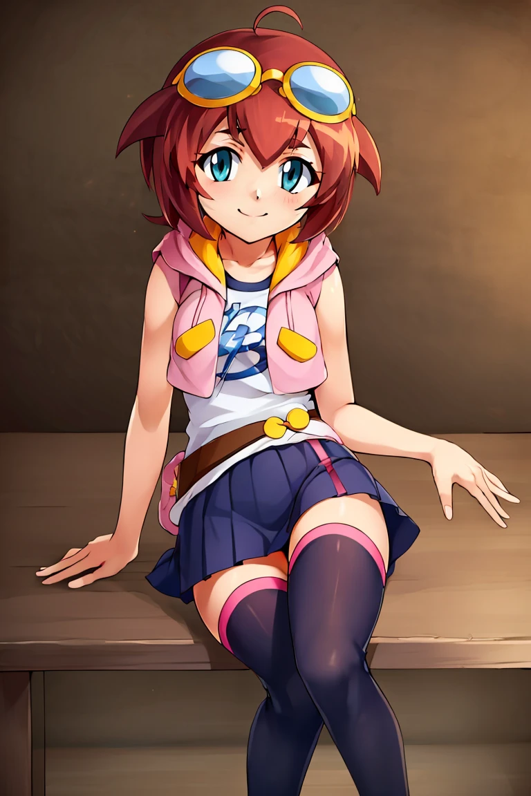<lora:ricegnat_style:0.8>,((masterpiece,best quality)), absurdres, <lora:Amano_Madoka_Beyblade:0.8>, Amano_Madoka_Beyblade, 1girl, solo, short hair, aqua eyes, brown hair, goggles on head, skirt, zettai ryouiki, white thigh highs, pink hoodie, solo, smile, looking at viewer, sitting,