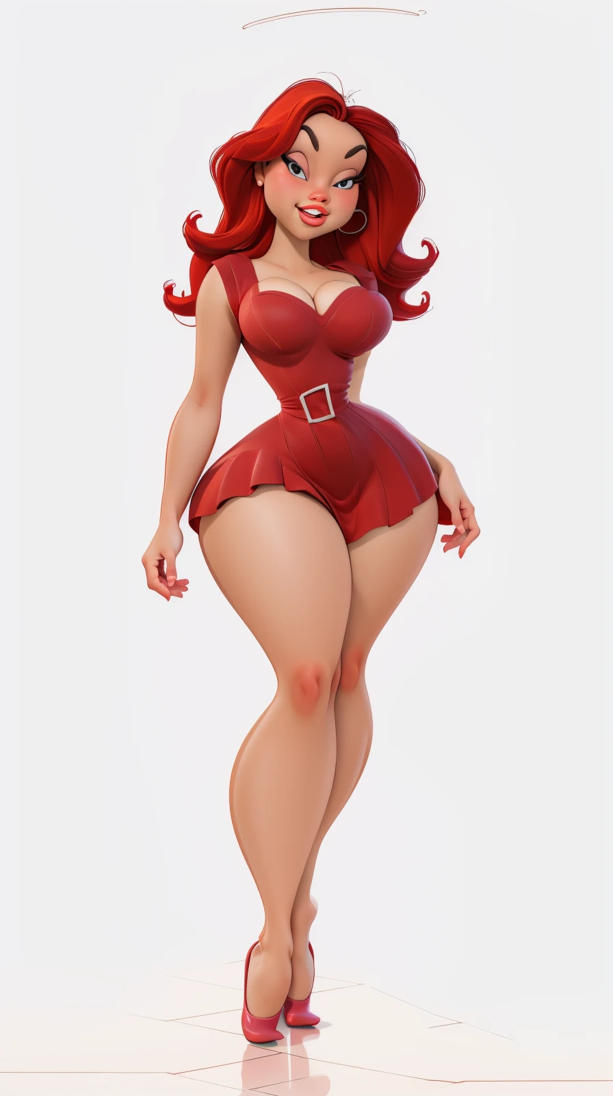 CARTOON_jessica_rabbit_aiwaifu <lora:CARTOON_jessica_rabbit_aiwaifu69:0.9>, high detailed, masterpiece, perfect hands, big breast, wide hips, thick thighs, red long dress, red high heels, ultra realistic digital art, a 3D render, photorealism, clean scene, white background, white wall, shinny floor, white floor, <lora:P2p0:0.6>, <lora:3DMM_V12:0.8>