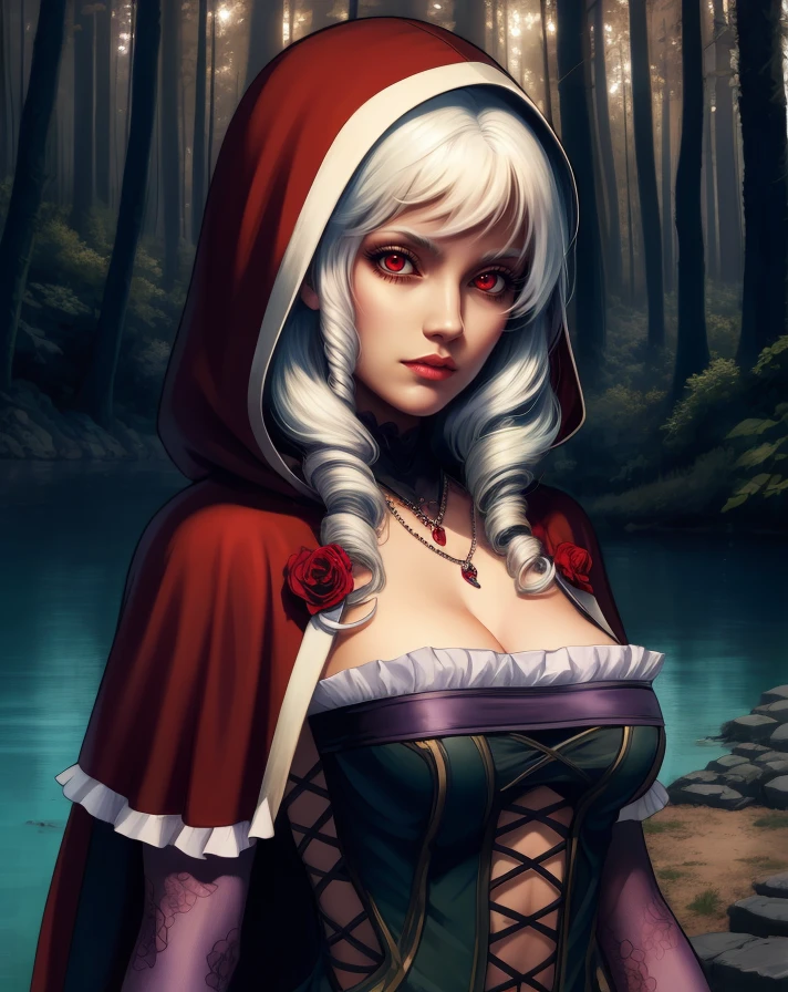 viola,red eyes,white hair,twin drills,
hood up,cape,rose,detached sleeves,cleavage,dress,jewelry,necklace,frills,
standing,looking at viewer,
forest,night,lake,
(insanely detailed, beautiful detailed face, masterpiece, best quality),solo,<lora:viola-11SCVv9:0.8>,