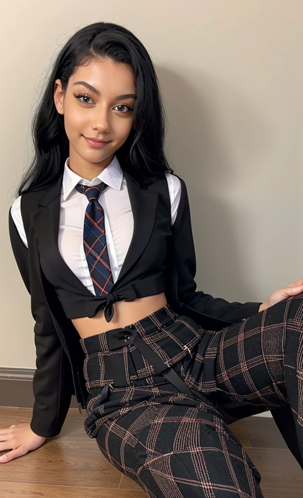 embedding:jasminx-step00000700 wearing long chequered trousers, a waistcoat and black suit jacket with a tie, elegant, face