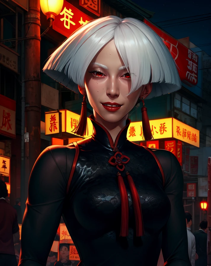 AKI,white hair,red eyes,ear tassel,wide hair,
black dress,long sleeves,pants,hip vent,pelvic curtain,
standing,upper body,happy,
outdoors,night,china town,
(insanely detailed, beautiful detailed face, masterpiece, best quality) cinematic lighting,(solo:1),<lora:AKI-10v9:0.8>,
