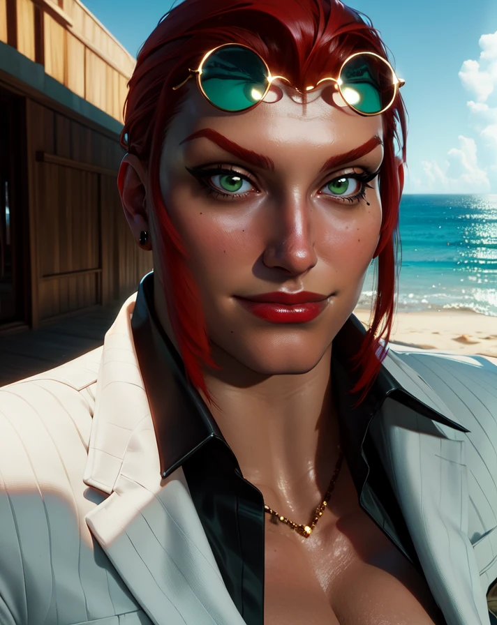 Marisa,hair slicked back,red hair,green eyes,side bangs,looking at viewer,large breasts,muscular,mole under eye,white business suit,black undershirt,cleavage,smile,eyewear on head,
standing,from below,
beach resort,
(insanely detailed, beautiful detailed face, masterpiece, best quality) cinematic lighting,solo,<lora:marisaSUIT:0.8>,