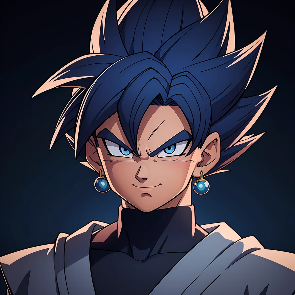 Best_QualityPos, RAW photo, intricate details, best quality, 8k uhd, soft lighting, 1boy, solo, spiked hair, dark blue hair, blue eyes, super saiyan, single earring, dougi <lora:Goku_Black_Super_Saiyan_Rose:0.5>