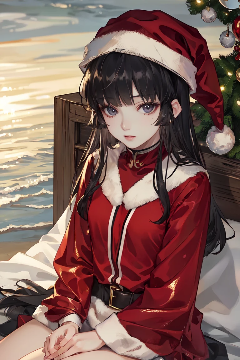 masterpiece, best quality, ultra-detailed, glistening shiny, glowing light, ray tracing, HDR, deph of field, (perfect face, detailed face), <lora:BanYue:0.8>, banyue, long hair, small breasts, santa, sitting, beach