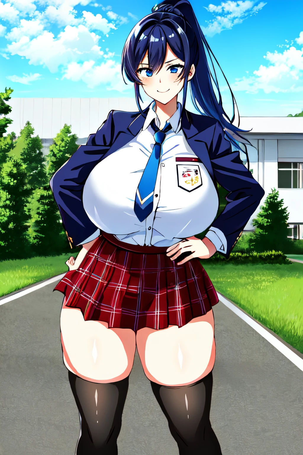 takeda hiromitsu style,1girl, breasts, skirt, thighhighs, solo, blue eyes, necktie, school uniform, long hair, blue hair, ponytail, huge breasts, shirt, tented shirt, plaid, outdoors, plaid skirt, smile, hand on hip, looking at viewer, blue skirt, sidelocks, high ponytail, thighs, sky, tree<lora:takeda_hiromitsu_style_v2:1>