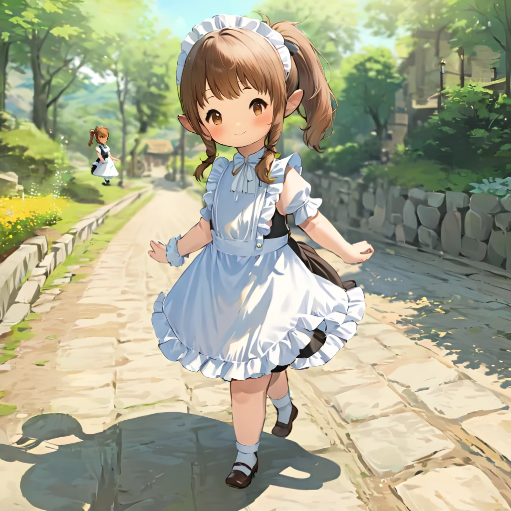 masterpiece, high quality,
brown hair, brown eyes, blush, side ponytail, looking at viewer, full body, walking, outdoors, maid, <lora:SDXL_lalafell_ver.C:1>, lalafell, light smile,