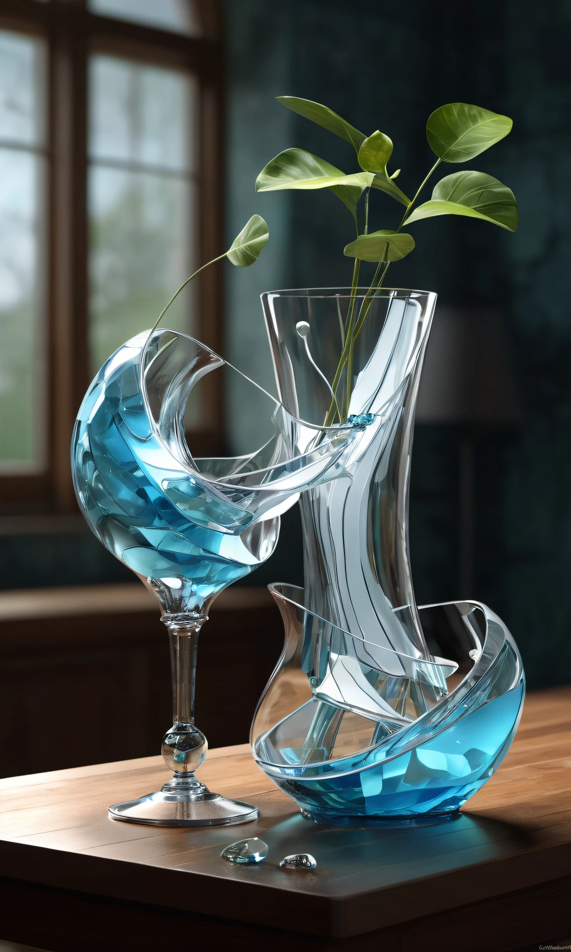 Collage style (Digital Artwork:1.3) of (Ultrarealistic:1.3) , a broken glass vase sitting on top of a table, liquid sculpture, surreal glass goblets, realistic glass sculpture, vray caustics, water art manipulation, surreal object photography, 3 d fluid simulation render, surreal water art, full of glass. cgsociety, inspired by Chris LaBrooy, rendered in cinema 4 d, rendered in cinema4d ,CGSociety,ArtStation . Mixed media, layered, textural, detailed, artistic