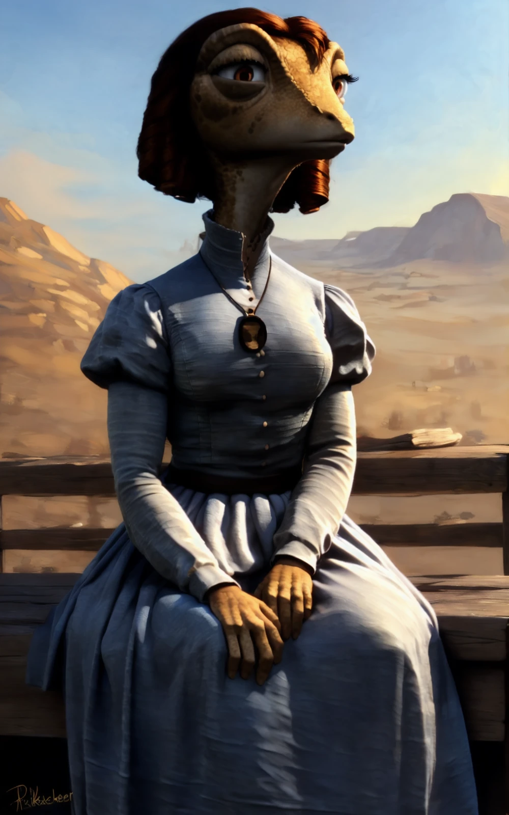 8k.4k,((Best quality, masterpiece, ultra high resolution)),((full body)),sitting, by pixelsketcher, <lora:RBeans:1>,jewelry, brown eyes,long sleeves, brown hair,juliet sleeves, necklace,puffy sleeves, short hair, curly hair,anthro lizard, dress, blue dress,RBeans,old west,outside