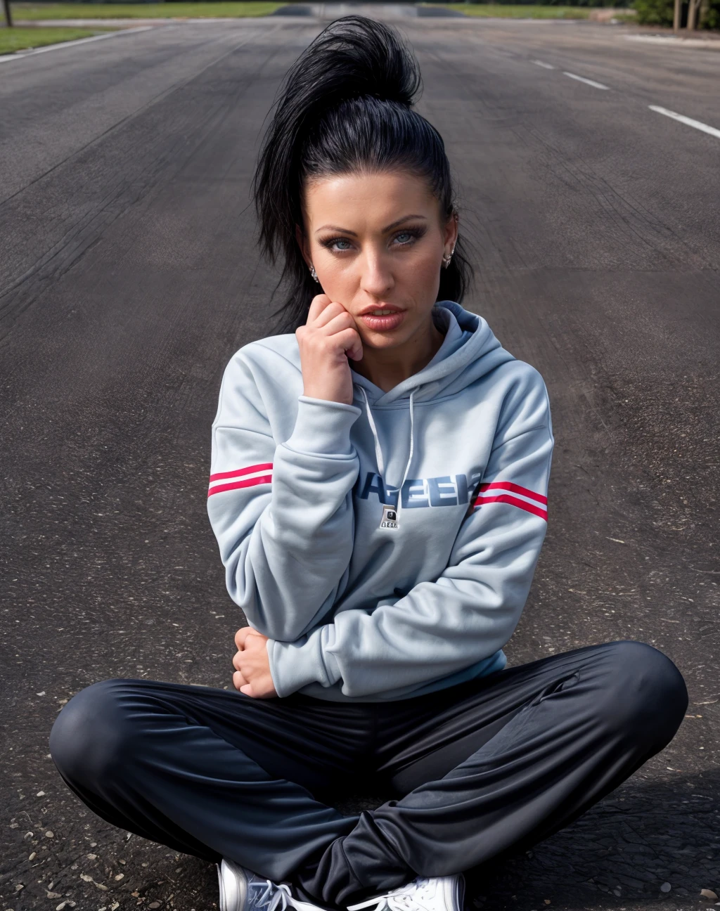 cinematic photo  shallow depth of field,  highly detailed,  epic, gorgeous, film grain, grainy, realistic, (a woman wearing sweatshirt and  Track pants: Athletic-inspired, often with stripes down the sides.), Rotation (seated): Twisting your torso while sitting on the ground. <lora:quiron_NikkyRider_v5_lora:0.87> NikkyRiderQuiron woman, . 35mm photograph, film, bokeh, professional, 4k, highly detailed, skin pores, perfect iris,  perfect eyes,  serious, portrait, linkedin, grey background,