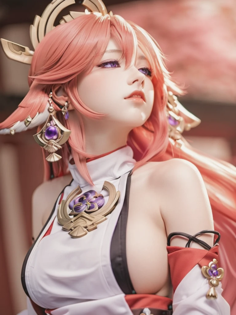 1girl, yae_miko, solo, breasts, pink_hair, long_hair, purple_eyes, large_breasts, looking_at_viewer, bare_shoulders, animal_ears, parted_lips, sideboob, fox_ears, hair_ornament, bangs, japanese_clothes, from_side, upper_body, hair_between_eyes, jewelry, earrings, very_long_hair, white_background,<lora:å
«é:1>,