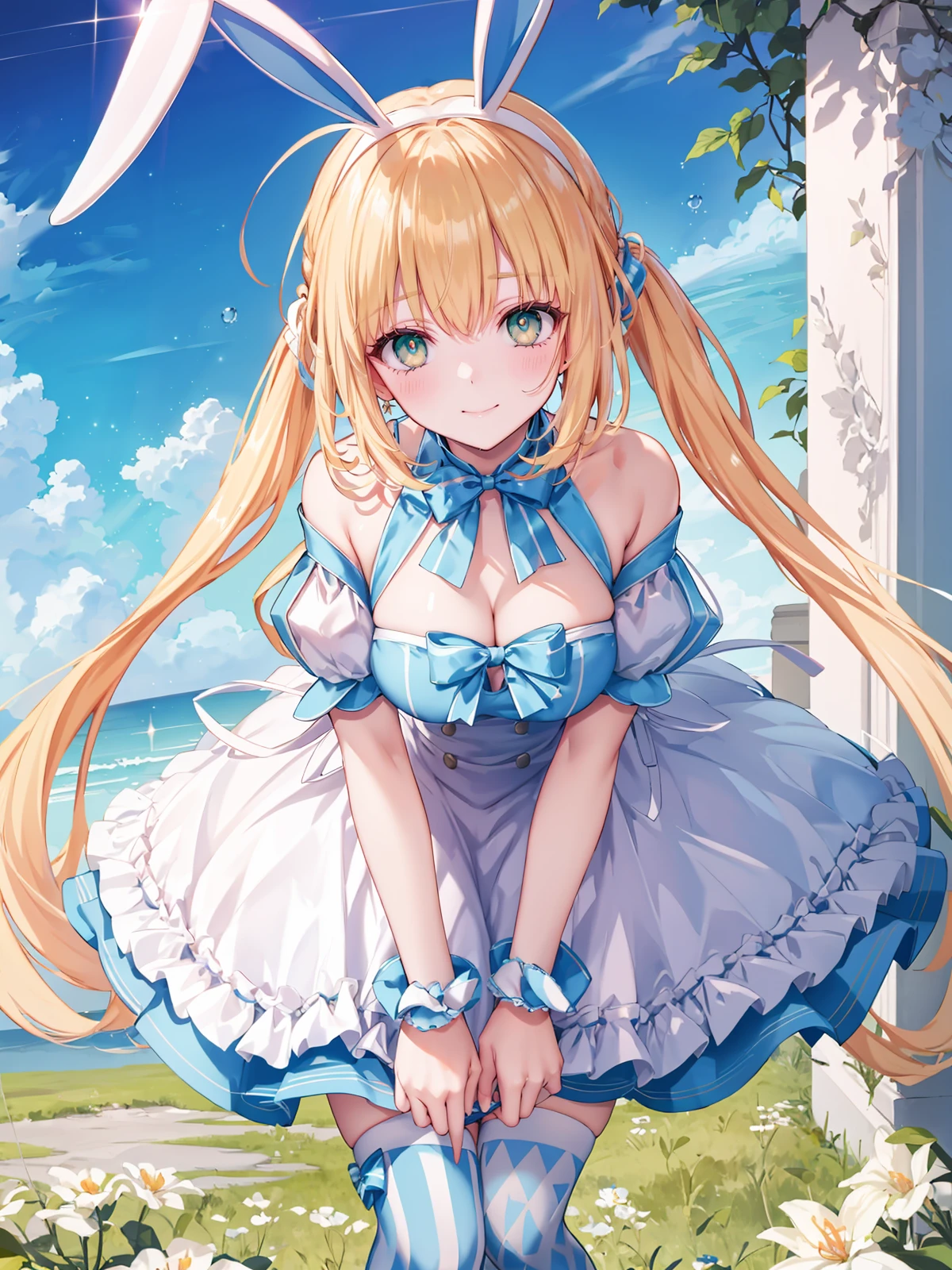 (extremely detailed CG), (best quality), 1girl, perfect face, very long hair,bright pupils, (finely detailed beautiful eyes), green eyes, shiny skin, lustrous skin, wide hips, narrow waist, dress, frills, twintails, ahoge, rabbit ears, striped, thighhighs, mismatched legwear, short sleeves, detached sleeves, puffy sleeves, striped, apron, bow, wrist cuffs, white footwear, smile, depth of field, flower field, leaning forward, :i, hand on own knee, blush, <lora:ArtoriaCasterSwimsuitSecondAscension:0.8>