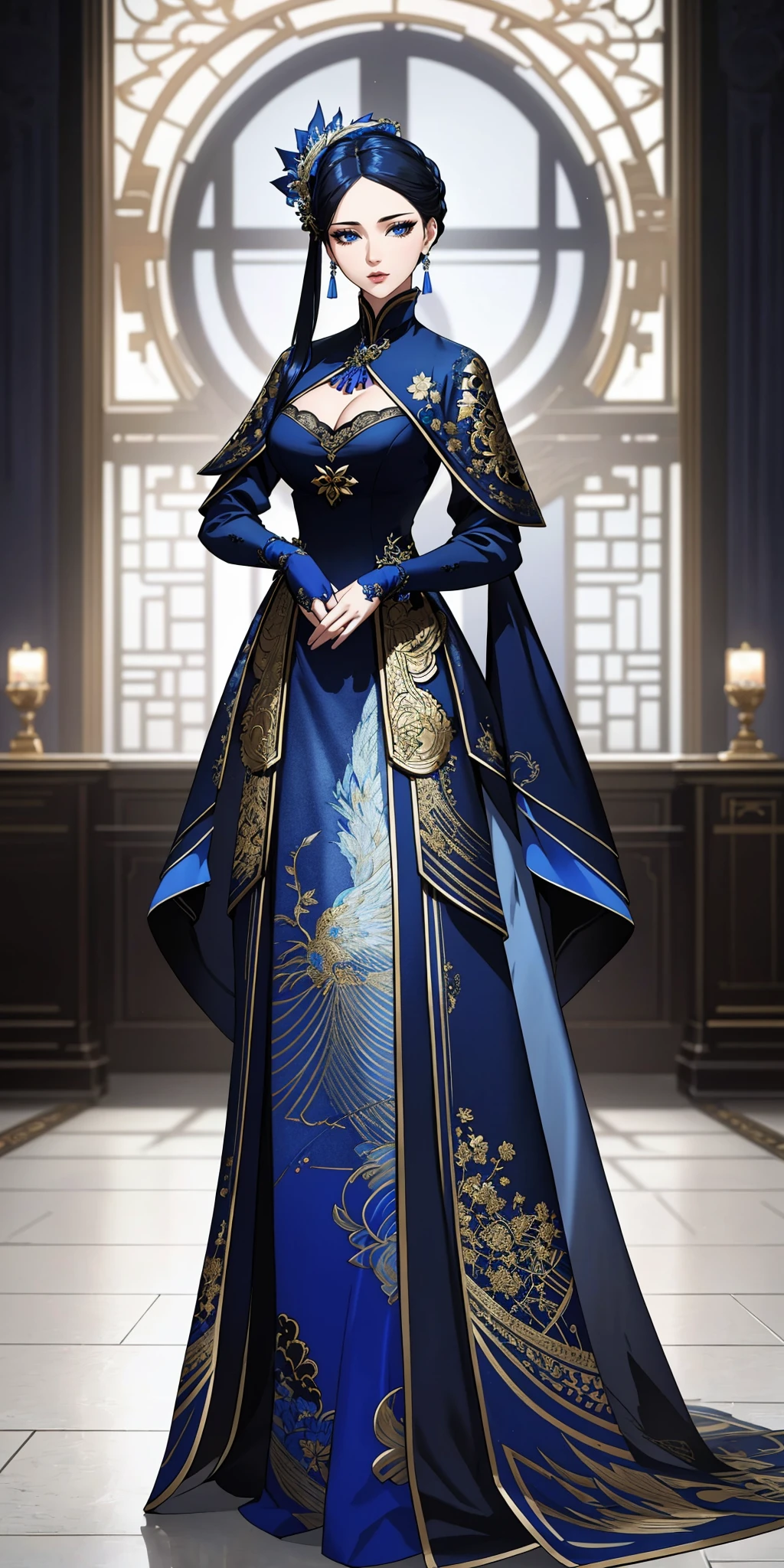 ((Masterpiece, best quality,edgQuality,full body,standing)),
(wearing Haute_Couture,edgHC_dress),
edgEF, a woman in a blue dress with golden embroidery,wearing edgEF eastern clothing
<lora:edgEasternFantasyCouture:1>