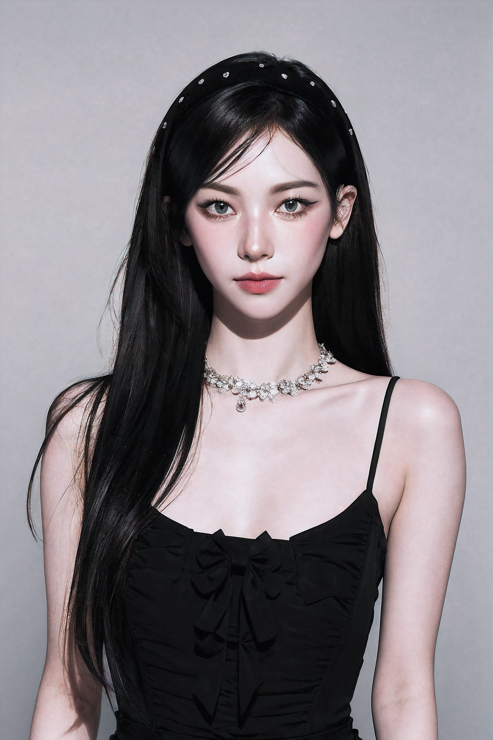 Karina, MBC,
8k portrait, intricate, elegant, highly detailed, majestic, digital photography, art, broken glass, (best quality, high quality, highres, masterpiece, side lighting), (looking at viewer:1.5),
1girl, solo, black hair, brown eyes, polka dot dress, polka dot hairband,
soft and supple, smooth and flawless, pure and radiant, finest, natural skin with a delicate translucence,
simple background,