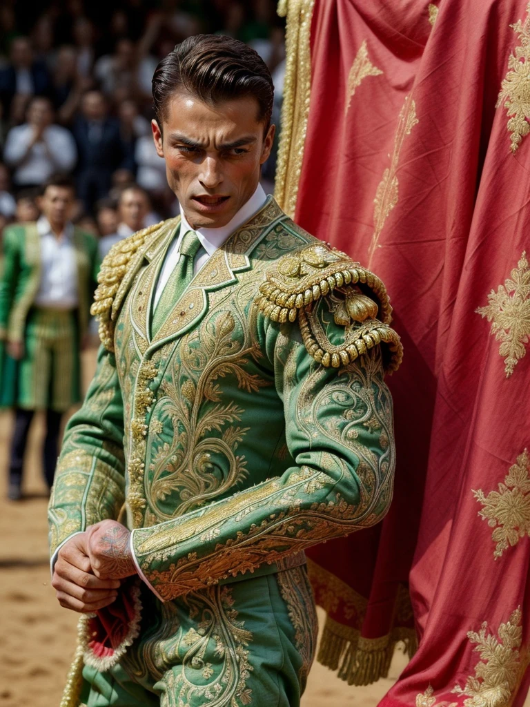 bullfighter seducing girl in flamenco dress,  wearing (green traje de luces:1.2) with gold designs, holding red cloth, bull charging <lora:tr4j3_v2:0.9> <lora:add_detail:1>  <lora:ClothingAdjuster3:0>