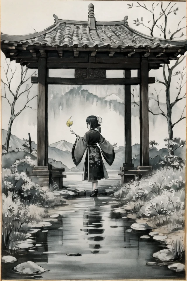 traditional Chinese ink wash painting, majestic mountain range emerges from the mist, their peaks reaching towards the heavens. A winding river flows gracefully through the landscape, reflecting the tranquility of the surroundings. An ancient pavilion, weathered by time, stands proudly amidst the scene, its roof tiles adorned with intricate patterns. Graceful willow trees sway gently with the breeze, their branches cascading downwards like flowing ink. The artist employs subtle ink wash textures, creating a sense of depth and dimension. Delicate brushwork captures the essence of the subject, using a monochromatic color palette to evoke a timeless aesthetic. The composition is meticulously crafted, striking a harmonious balance between empty and solid spaces. Rhythmic ink lines guide the viewer's eye, leading them on a visual journey through the artwork. Symbolic elements, such as cranes or lotus flowers, add layers of meaning to the piece. The overall effect is one of contemplation and serenity, inviting the viewer to immerse themselves in the meditative atmosphere of traditional Chinese ink wash painting.