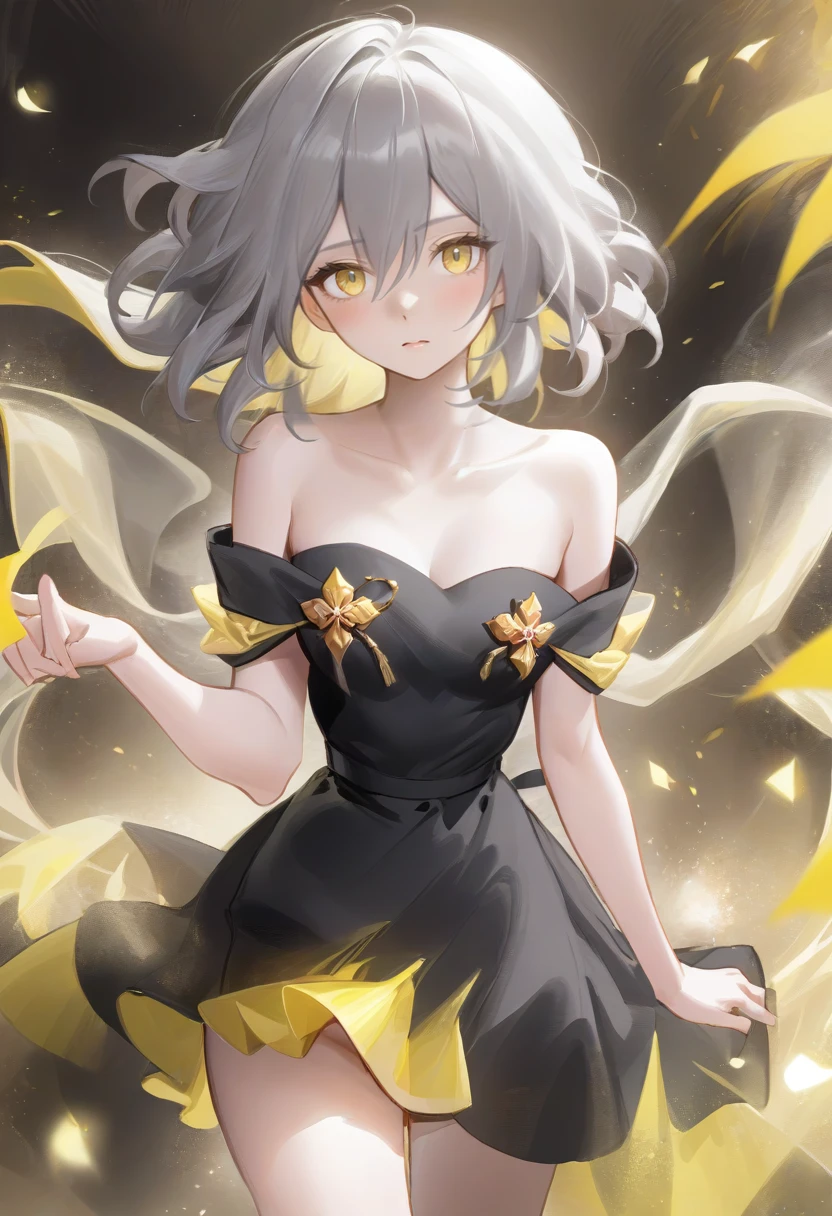 <lora:xl_xing girl3:1>,xing girl,gray hair,medium hair,yellow eyes,strapless dress,