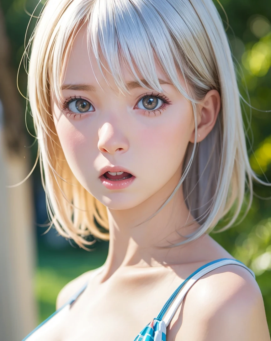 close up photo, a (Caucasian-woman), (pale skin:1.4),
10 YO, silver hair, hair_between_eyes,
(surprised:1.4),
Palombaggia Beach (France Corsica),
(best quality, realistic:1.4),