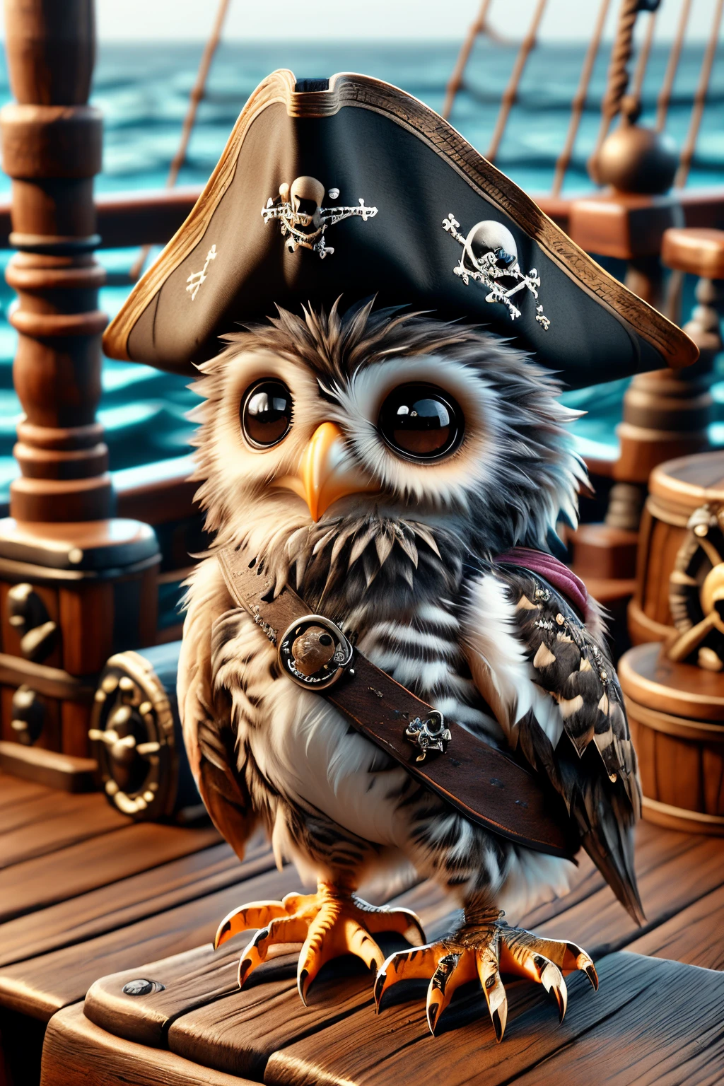 fur pirates, a small owl wearing a pirate hat, small chest, standing on a ship, on wooden planks <lora:ral-furpirates-sd15:1>