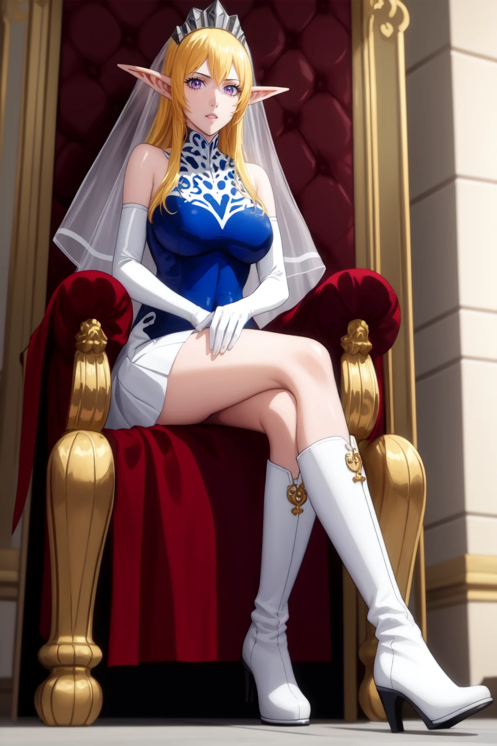 (masterpiece, high quality:1.2), intricate detailed,
NinaAslato, 1girl, elf, solo, sitting on throne, hands on own stomach, full body, close-up,
looking at viewer, determined, teeth,
pointy ears, blonde hair, long hair, purple eyes, jewelry,
tiara, (veil:1.1), blue turtleneck leotard, white miniskirt, elbow gloves, two-tone dress, knee boots,
large breasts,
fantasy, indoors, palace, castle, throne room, red carpet, guards,
<lora:NinaAslato:0.85>
