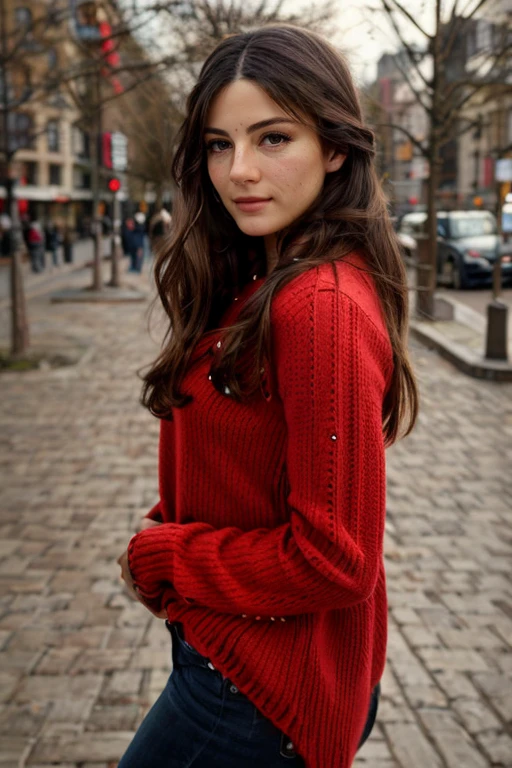 standing, , outdoors, walking through city, wearing a red jumper, wearing jeans, (insanely detailed, beautiful detailed face, beautiful detailed eyes, masterpiece, best quality),solo, <lora:Monica_Barbaro:1> a woman, m1873b,