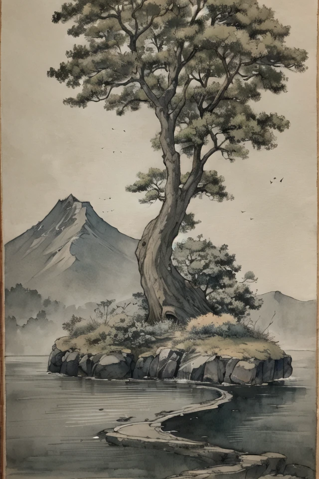 traditional Chinese ink wash painting, majestic mountain range emerges from the mist, their peaks reaching towards the heavens. A winding river flows gracefully through the landscape, reflecting the tranquility of the surroundings. An ancient pavilion, weathered by time, stands proudly amidst the scene, its roof tiles adorned with intricate patterns. Graceful willow trees sway gently with the breeze, their branches cascading downwards like flowing ink. The artist employs subtle ink wash textures, creating a sense of depth and dimension. Delicate brushwork captures the essence of the subject, using a monochromatic color palette to evoke a timeless aesthetic. The composition is meticulously crafted, striking a harmonious balance between empty and solid spaces. Rhythmic ink lines guide the viewer's eye, leading them on a visual journey through the artwork. Symbolic elements, such as cranes or lotus flowers, add layers of meaning to the piece. The overall effect is one of contemplation and serenity, inviting the viewer to immerse themselves in the meditative atmosphere of traditional Chinese ink wash painting.