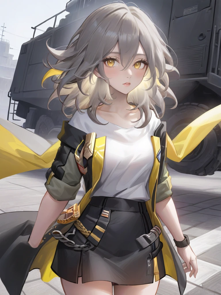 <lora:xl_xing girl3:1>,xing girl,gray hair,medium hair,yellow eyes,militaryshirtskirt,