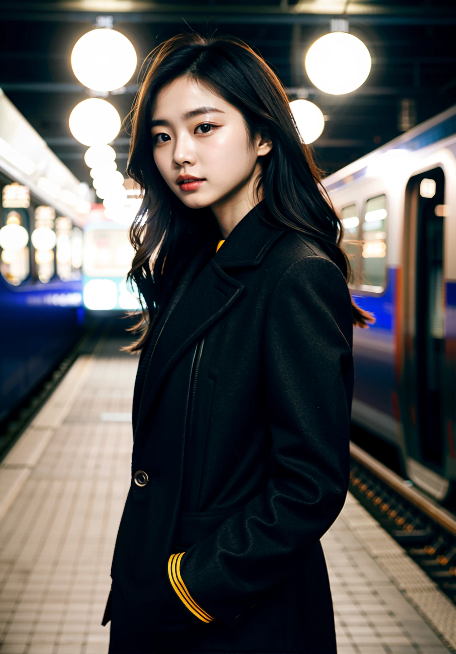 Cinematic Photo of a beautiful korean fashion model bokeh train