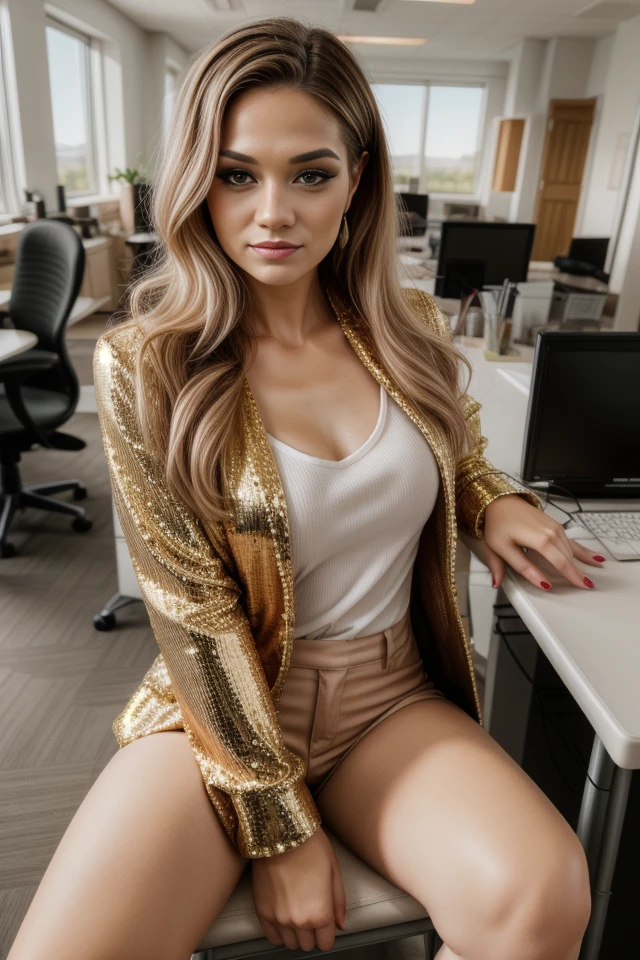 headshot, 1girl, beautiful, sitting at a desk, at a ((office)), BREAK
sequin suit coat, elegant blouse, slacks, BREAK
small breasts, makeup, long straight hair, pale skin, fair skin, white skin, BREAK
<lora:Paisley:1>  <lora:PerfectFullBreasts-fCV3.5:1.0>, <lora:more_details:0.8> <lora:GoodHands-vanilla:0.8>