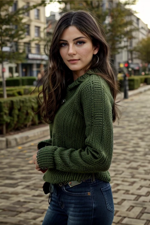 standing, , outdoors, walking through city, wearing a lawn green jumper, wearing jeans, (insanely detailed, beautiful detailed face, beautiful detailed eyes, masterpiece, best quality),solo, <lora:Monica_Barbaro:1> a woman, m1873b,