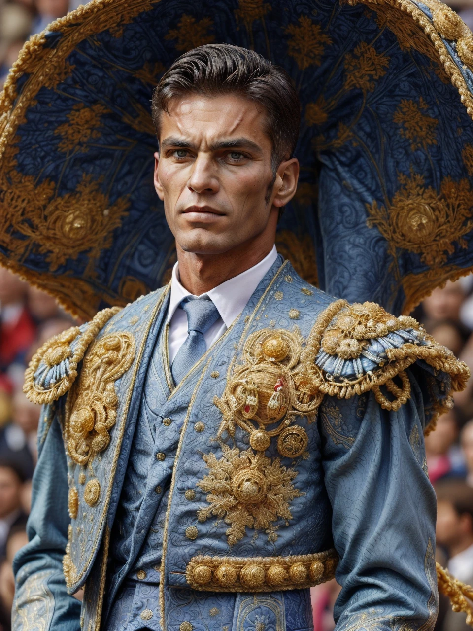 medium shot, from front, bullfighter, face, wearing (blue traje de luces:1.2) with gold designs,cropped vest, cropped jacket, <lora:tr4j3_v2:0.9> <lora:add_detail:1> <lora:ClothingAdjuster3:0>