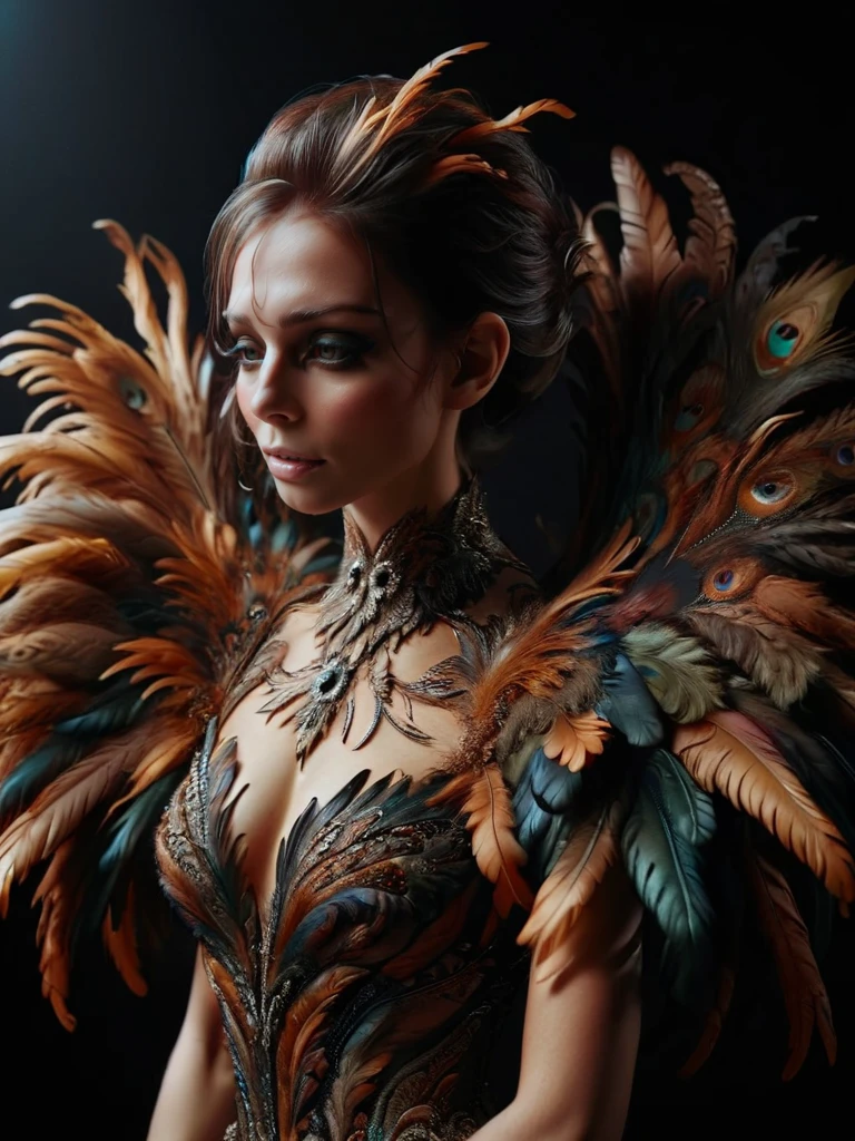 ral-feathercoat, a woman in a feathered costume poses for a picture <lora:ral-feathercoat-sdxl:1> black background, dim warm backlight, ring light