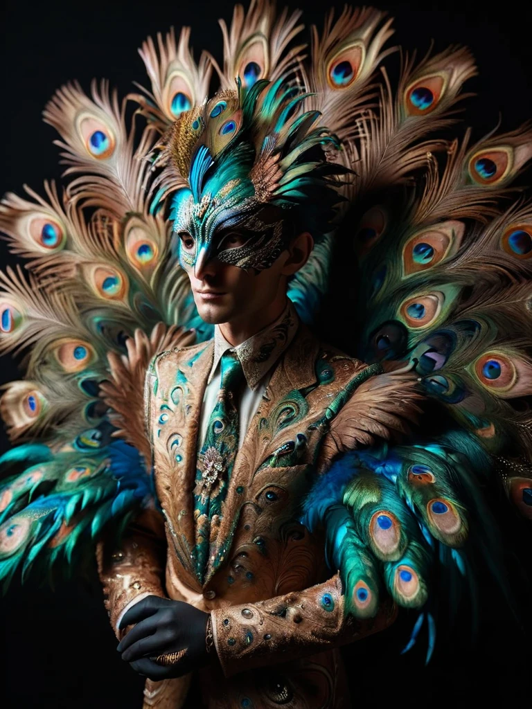ral-feathercoat, a man in a peacock costume with feathers <lora:ral-feathercoat-sdxl:1> black background, dim warm backlight, ring light