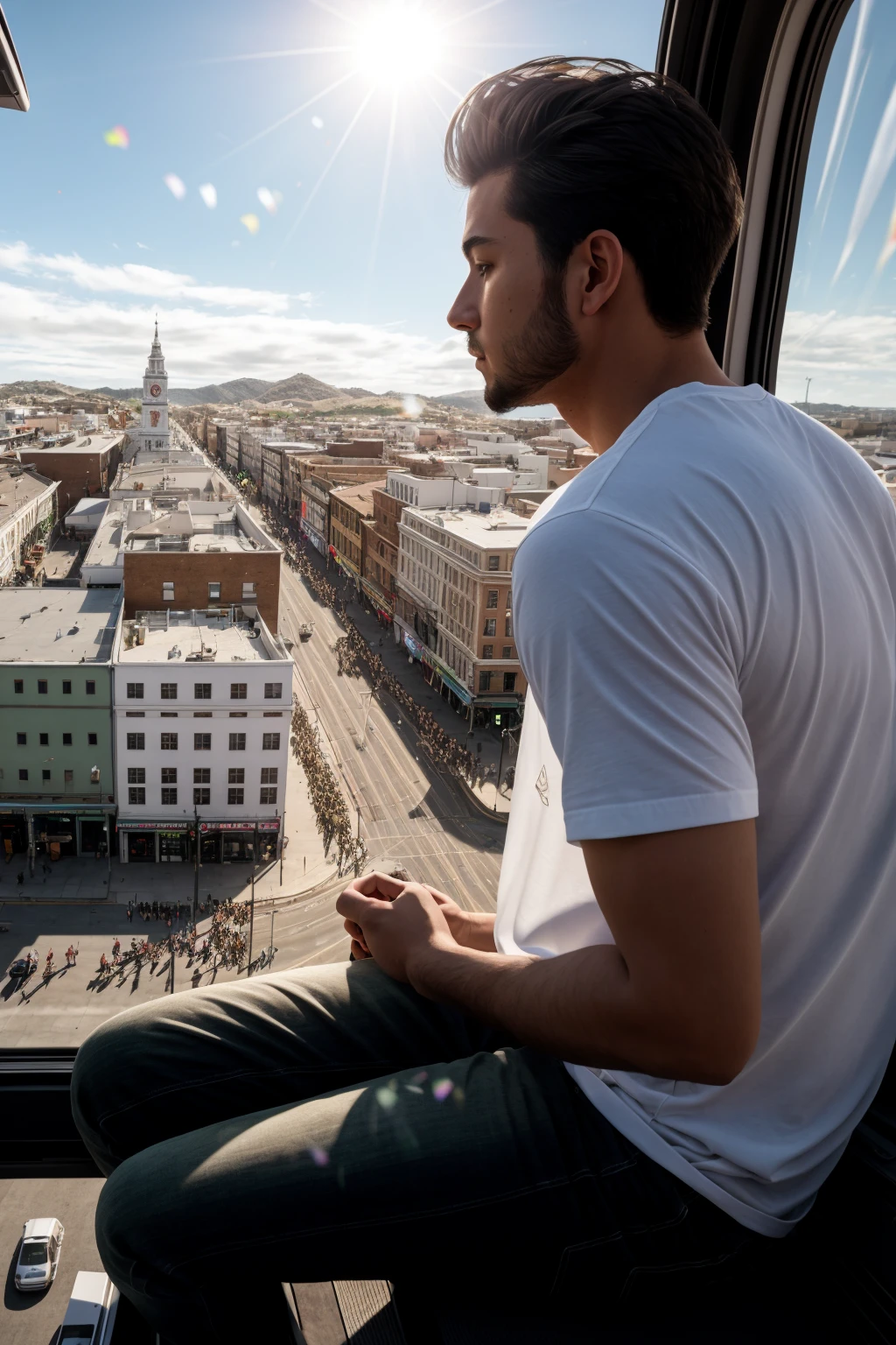 photorealistic highly detailed 8k photography, best street shot quality, volumetric lighting, plain clean earthy young man, casual street wear, Sitting on a Window Sill, Gazing Out, realistic skin and hair texture, Bird's Eye View from a Helicopter, Biodegradable Confetti Fields full of busy people