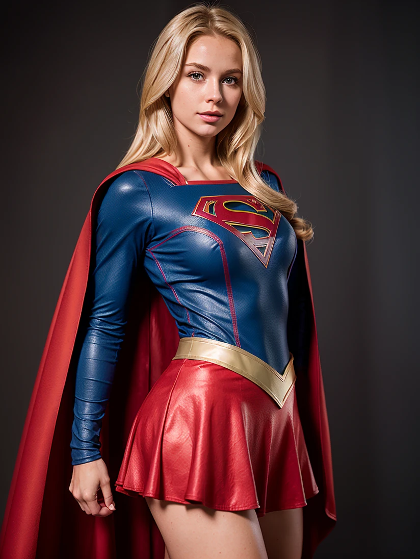 Minimalist style supergirl, hair blonde, photo of woman person, cape red long, skirt short,  beautiful texture costume hero, Photography, HD, cinematic, Photo realistic, Full body photo, photo realism, ultra-detailed, Highly Detailed . Simple, clean, uncluttered, modern, elegant