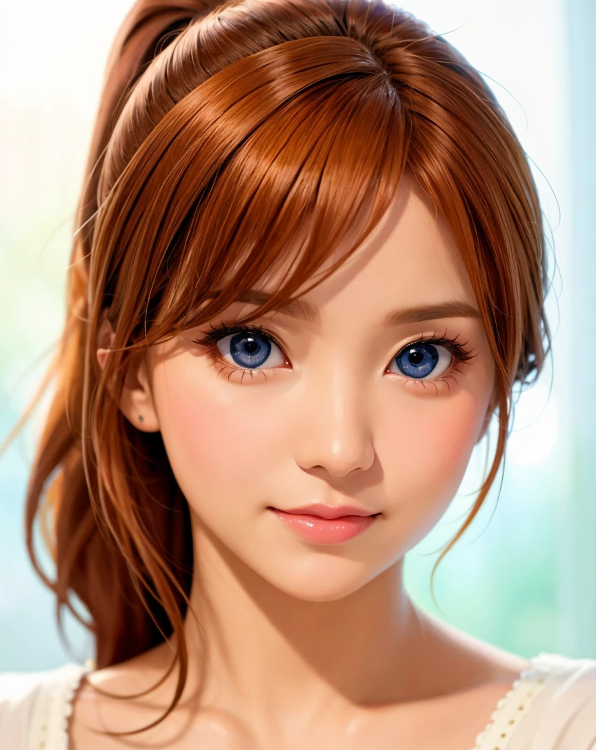 close up photo, a mature lady, ginger hair, short_ponytail, 
(big eyes:1.2), eye lashes,
(shy, blushing), 
simple background,
(bright skin, soft light, best quality, realistic:1.4),