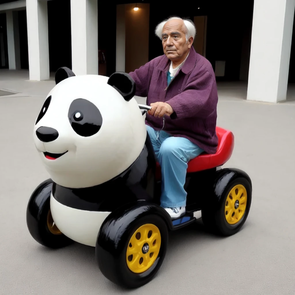 <lora:pandacar_v3:0.5>, (old man:1.1), sit astride, attraction, ground vehicle, handle, realistic, panda_car