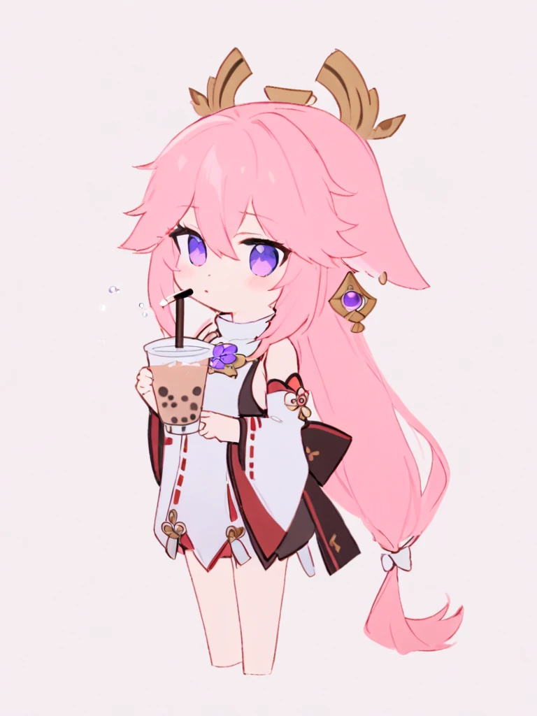 1girl, solo, yae_miko, drinking_straw, pink_hair, white_background, chibi, long_hair, bubble_tea, detached_sleeves, wide_sleeves, simple_background, holding, purple_eyes, hair_between_eyes, japanese_clothes, bangs, holding_cup, drinking, long_sleeves, cup, disposable_cup, full_body, shirt, ribbon-trimmed_sleeves, sleeveless_shirt, looking_at_viewer, hair_ornament, white_shirt, standing, very_long_hair, animal_ears, fox_ears, ribbon_trim, jewelry, nontraditional_miko, white_sleeves,<lora:å«é:1>,