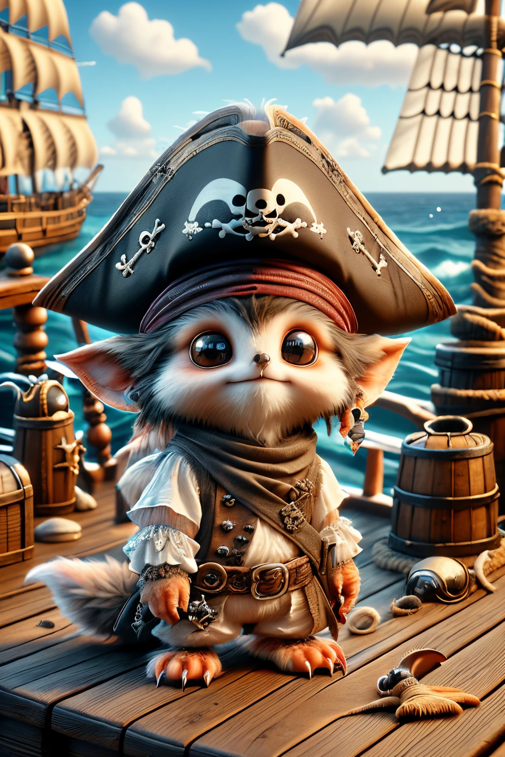 fur pirates, a mytical animal with a pirate hat and bandana sitting on a wooden platform, ship and beach in the background, standing on wooden planks <lora:ral-furpirates-sd15:1>