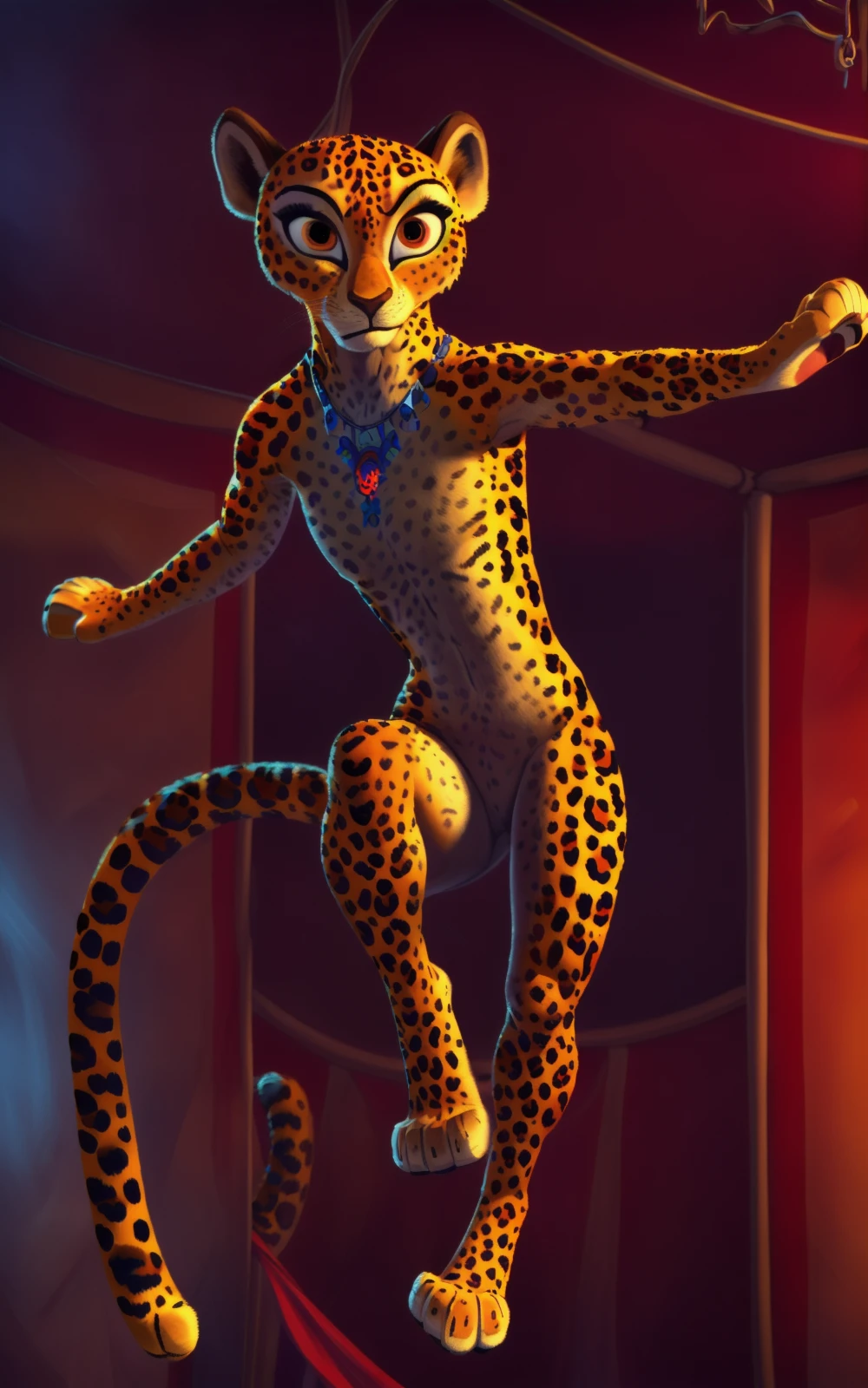 8k.4k,((Best quality, masterpiece, ultra high resolution)),((full body)),standing, by pixelsketcher, <lora:Gia:0.9>,gia,furry, furry female, animal ears, necklace,jaguar tail, animal nose,  jaguar ears, jaguar,inside, circus,slim,solo,athletic,breast.nipples, arms up, standing on one leg