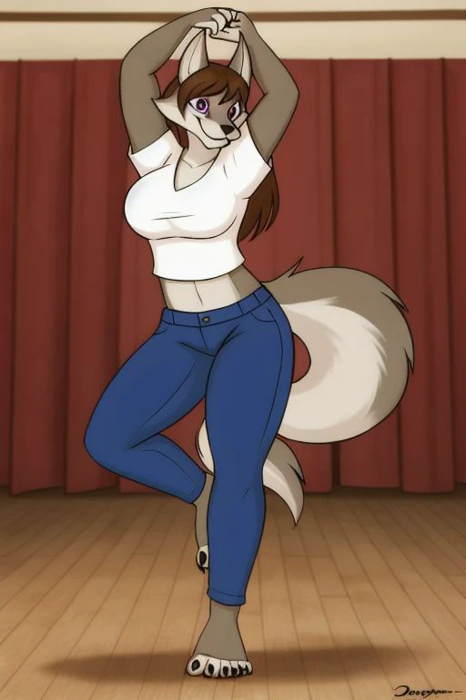 ((masterpiece, best quality)), 1girl, solo,  (purple eyes, anthro, wolf, huge humanoid feet, 5 toes, barefoot, black claws toe, brown hair),  clothing, pants, detailed background, standing, smile face, (dancing:1.2), <lora:chloe_shiwulfV1.2:0.7>