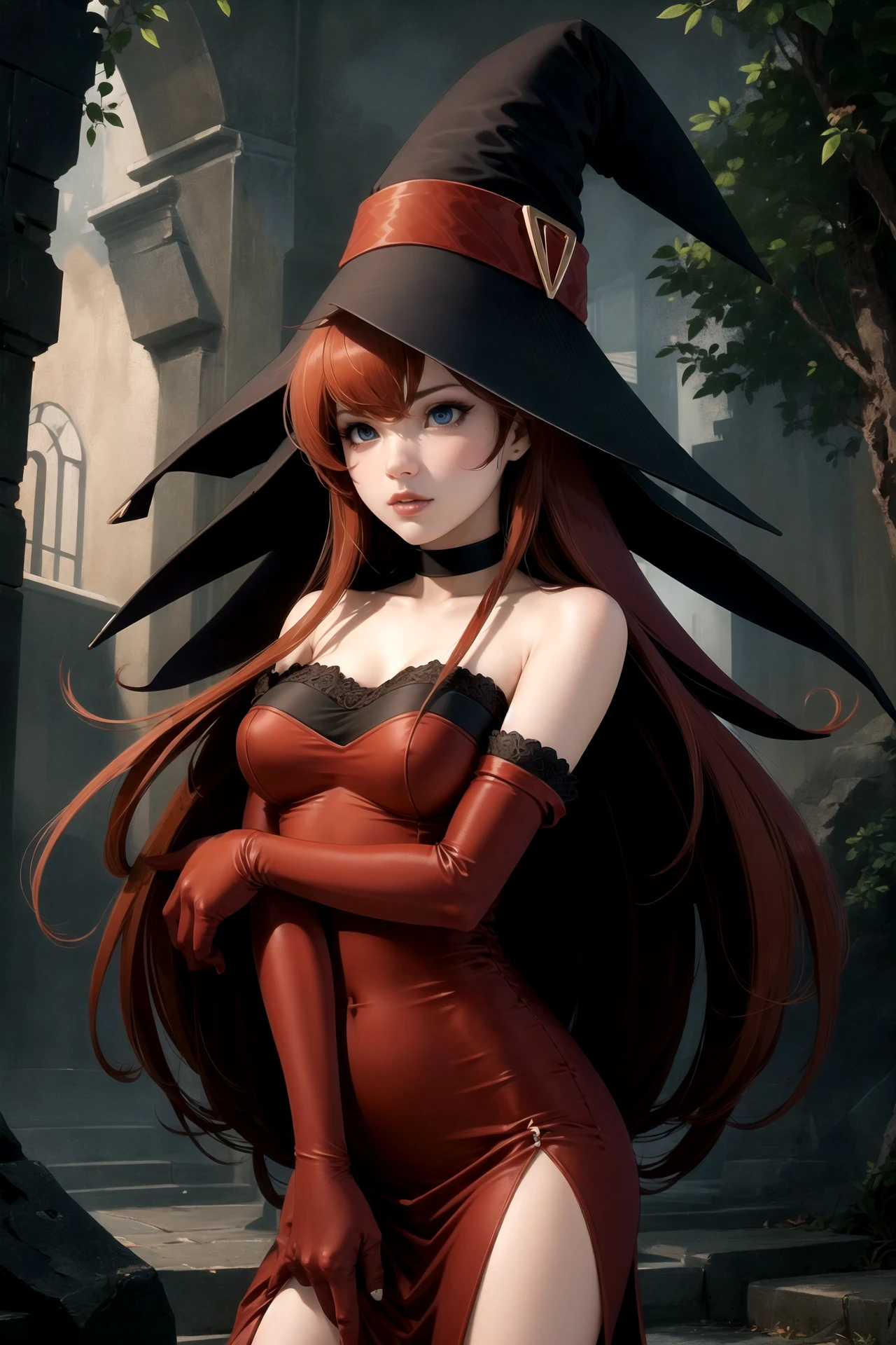 <lora:RtPL-Cierra-06:0.99> cierra_(riviera), long_hair, dress, choker, gloves, witch_hat, cowboy_shot, red_eyes,, beautiful, (masterpiece:1.2), (best quality:1.2), perfect eyes, perfect face,<lora:perfectfingers:1.0>
