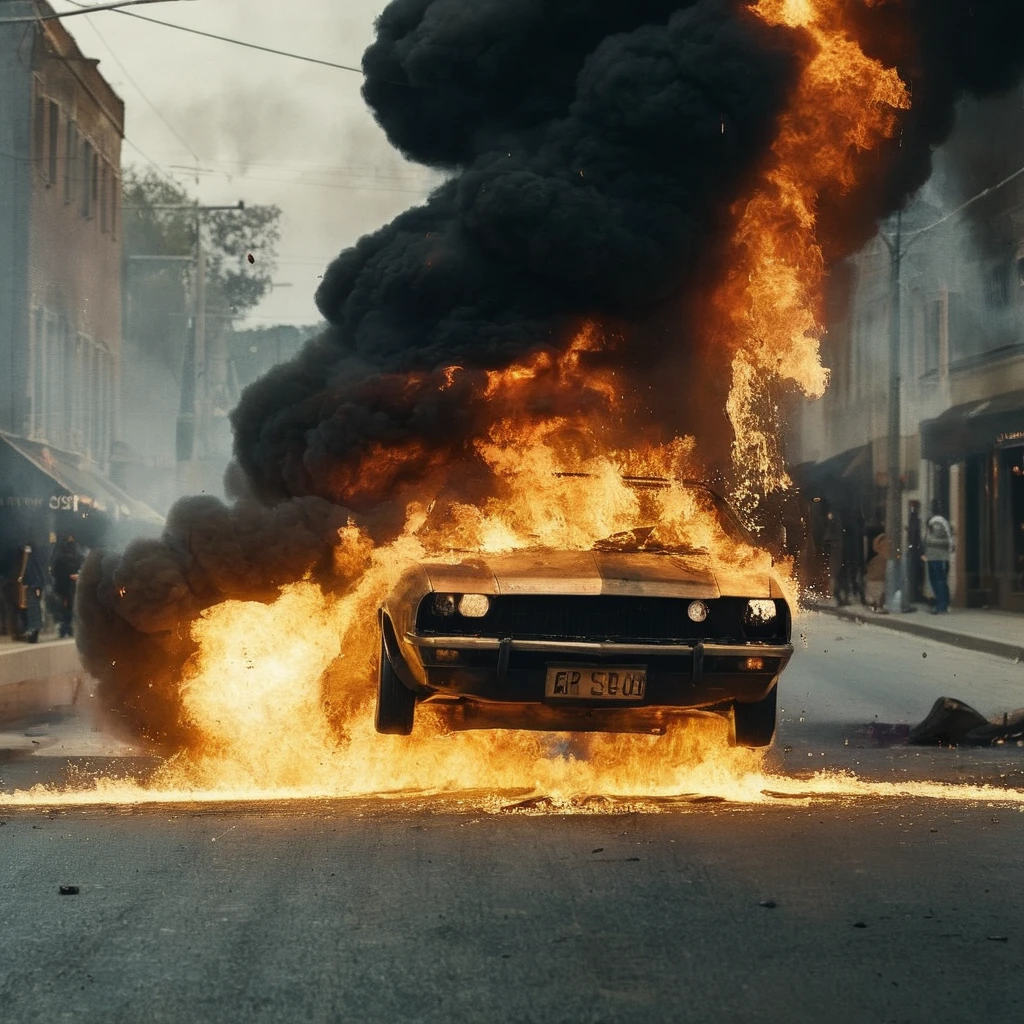 Dark Fantasy Art of cinematic film still of <lora:Cinematic Hollywood Film:1.5>
Epic Creative Scene an exploding car is on fire in the street Cinematic Hollywood Film Style, dark, moody, dark fantasy style
