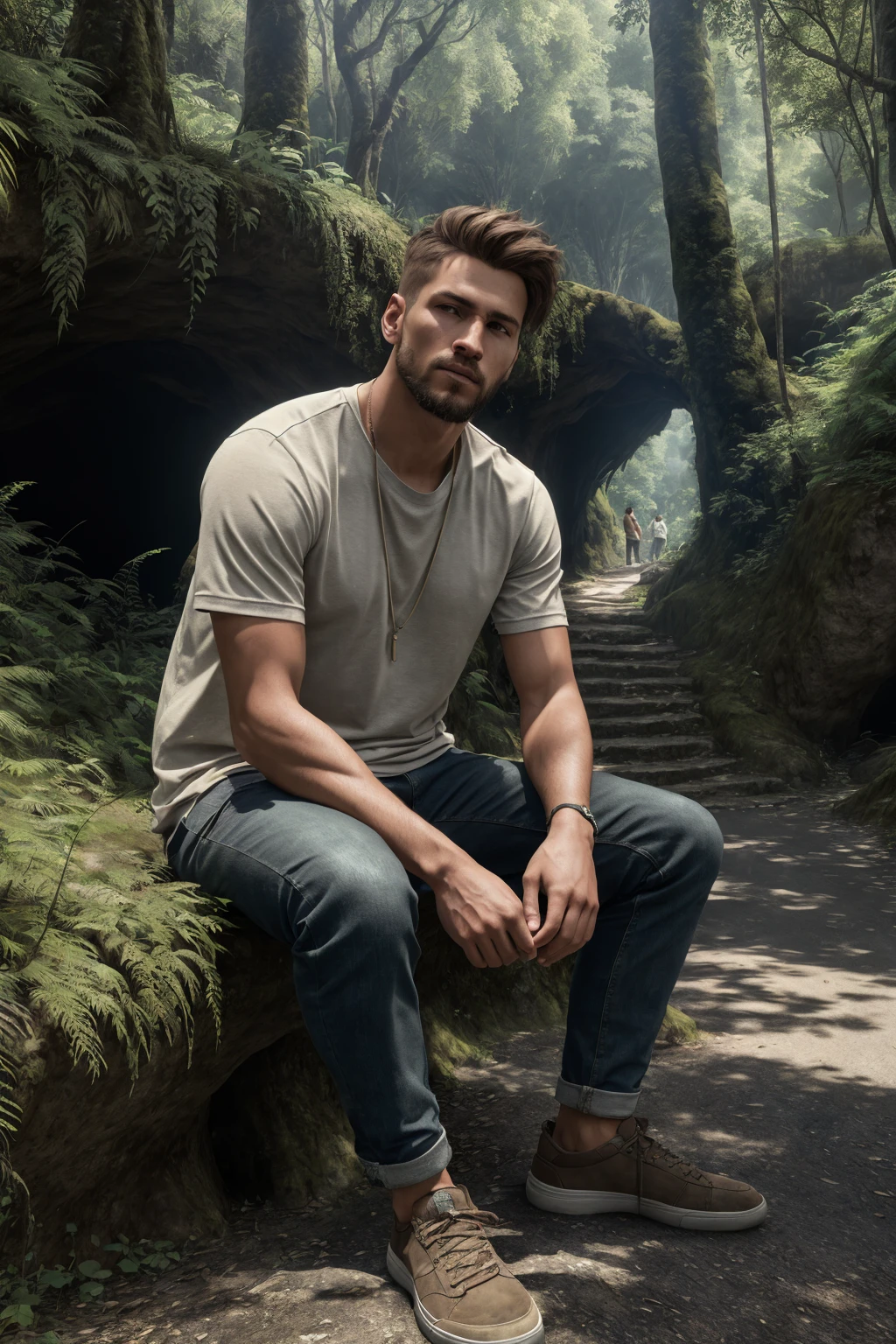 photorealistic highly detailed 8k photography, best street shot quality, volumetric lighting, plain clean earthy young man, casual street wear, Casual Sitting with Legs Crossed, Hands Resting, realistic skin and hair texture, Dynamic Follow Shot through a Forest Canopy, Caves or Underground Structures full of busy people